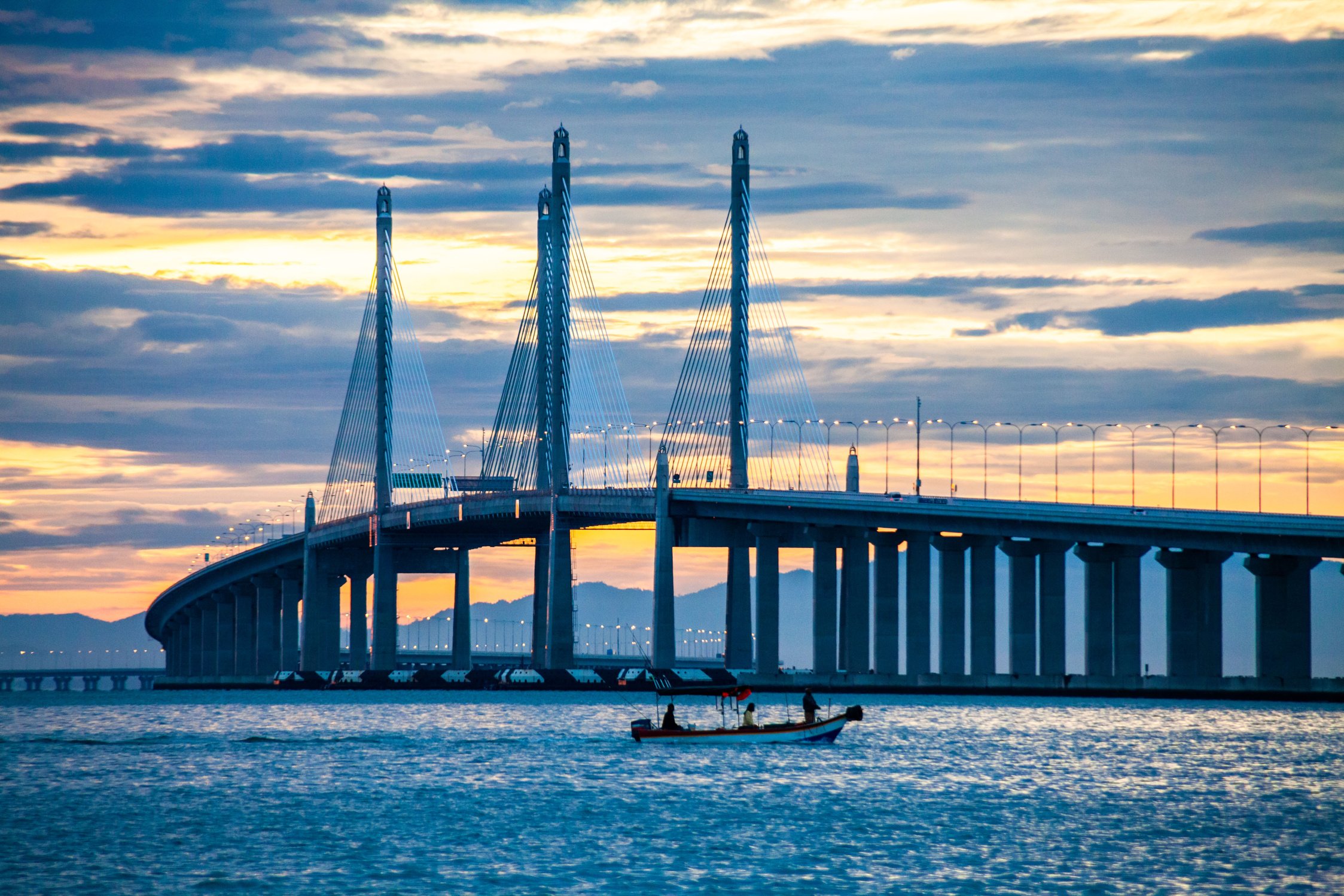 Penang Bridge view during sunrise of George Town, Penang Malaysia