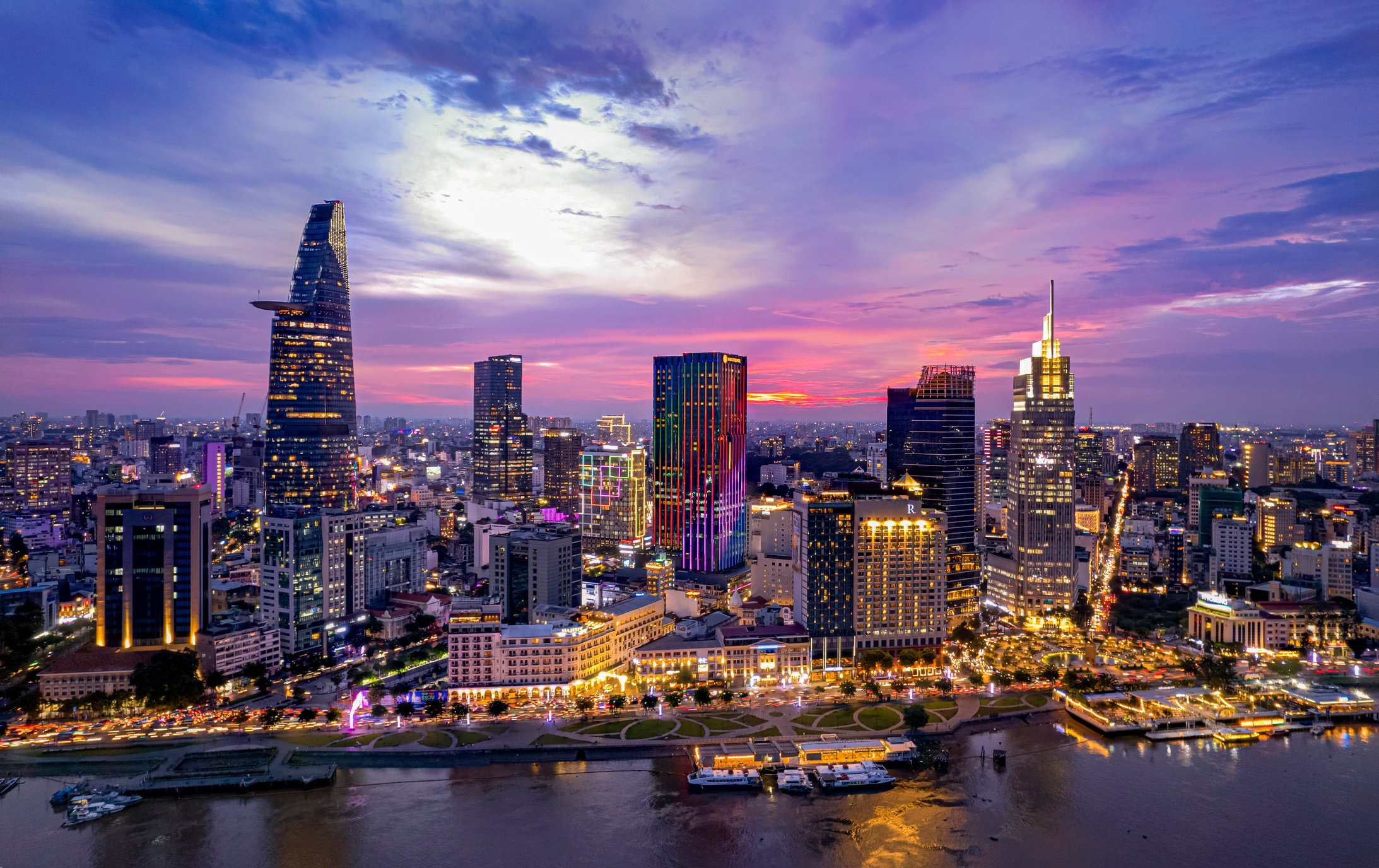 Sunset on Saigon riverside, Ho Chi Minh city Vietnam.